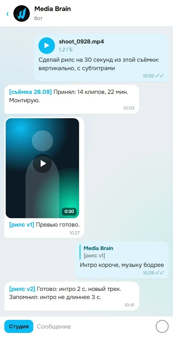 Chat with the Media Brain bot: footage, video preview and an edit by reply