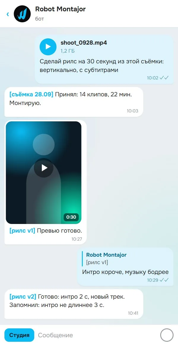 Chat with the Robot Montajor bot: footage, video preview and an edit by reply
